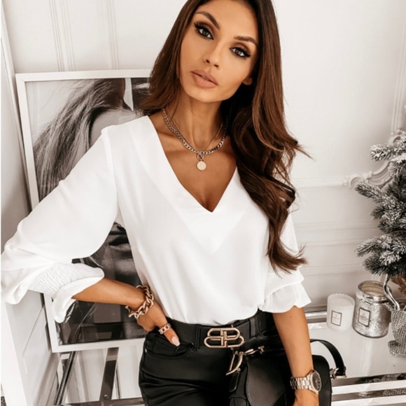 White Low Back V Neck Lace Trim Blouse X-Large - Picture 2 of 3